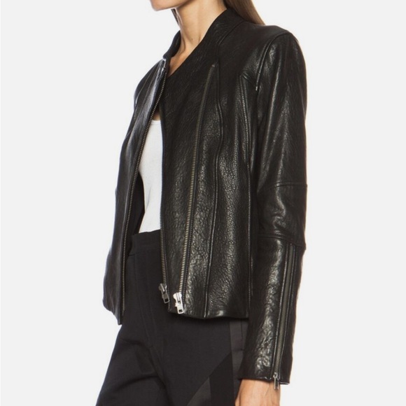 Helmut Lang Blistered Asymmetric Leather Jacket with cloth detailing on sleeves - Picture 4 of 7